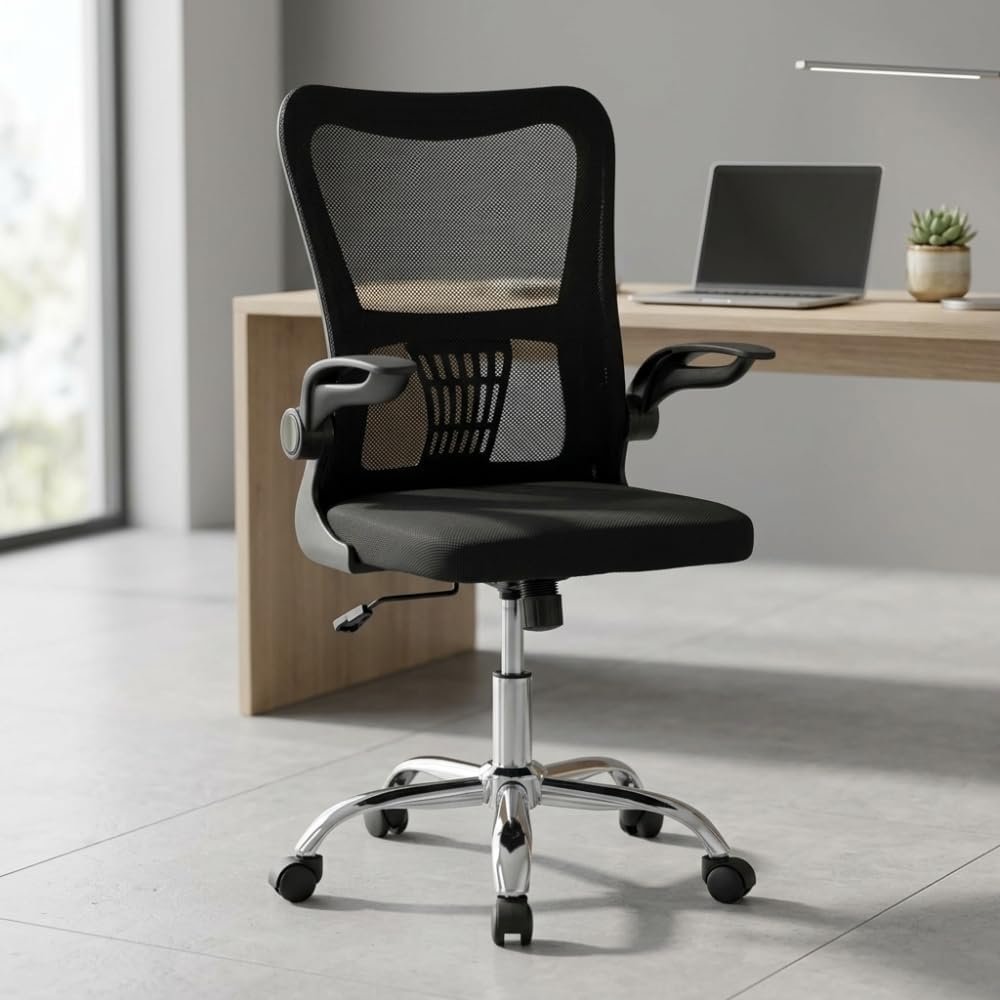 Karnak Treasure Office Chair | Swivel Desk Chair with Lumbar Support, Flip-Up Arm & Chrome Base | Ergonomic Chair Adjustable Computer Chair for Home Office, Study, Gaming & Workstation (Black)
