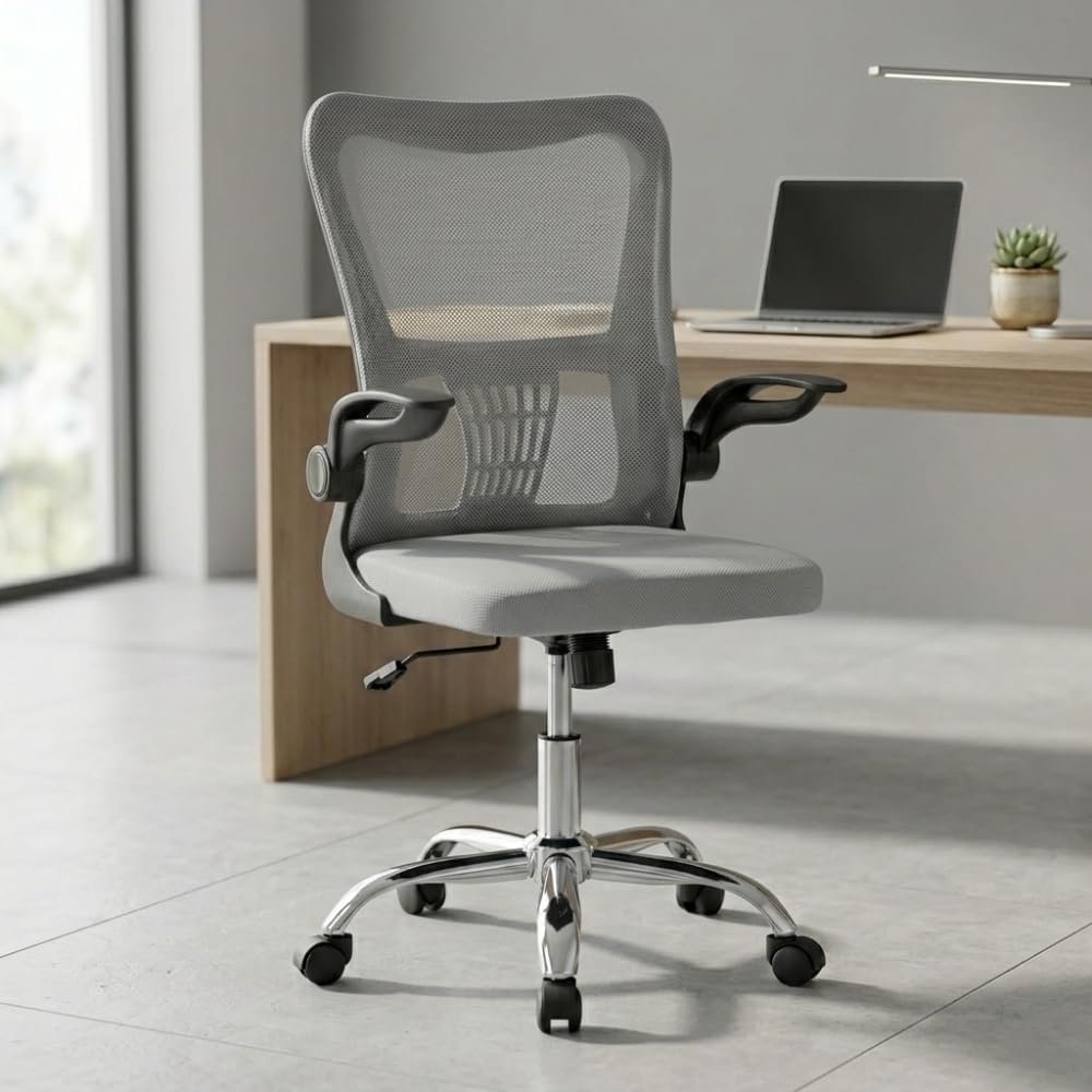 Karnak Treasure Office Chair | Swivel Desk Chair with Lumbar Support, Flip-Up Arm & Chrome Base | Ergonomic Chair Adjustable Computer Chair for Home Office, Study, Gaming & Workstation (Light Grey)