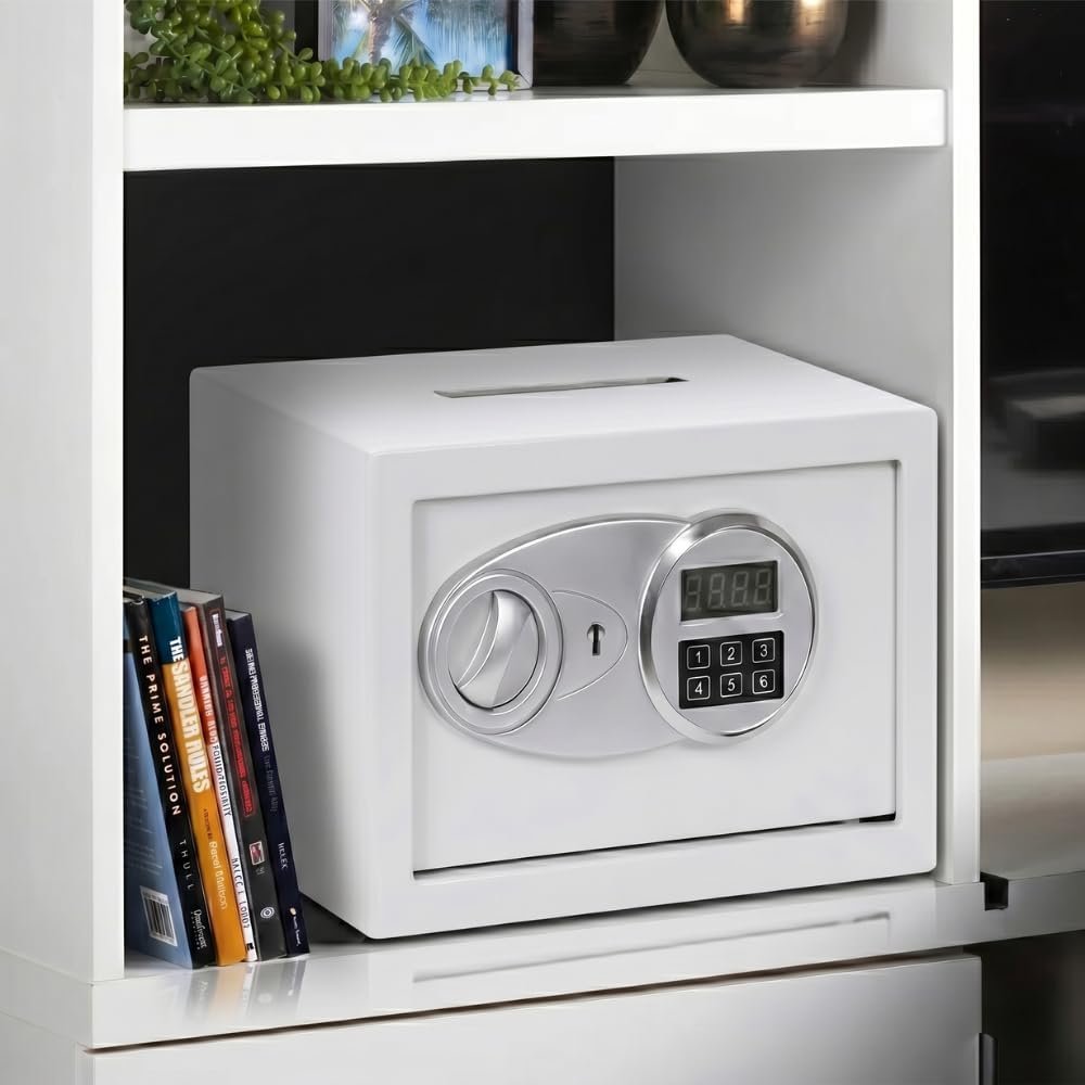 Karnak Rigidi Fireproof Safe Box with Keypad & Key Lock | White Digital Safe Locker Compact Home Security Safe for Cash, Jewelry, Documents Locker (Mini)