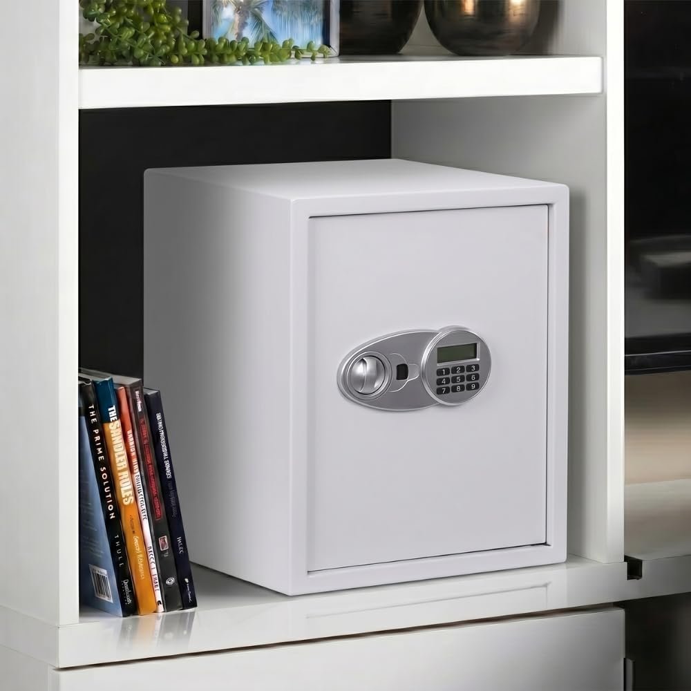 Karnak Rigidi Fireproof Safe Box with Keypad & Key Lock | White Digital Safe Locker Compact Home Security Safe for Cash, Jewelry, Documents Locker (Large)