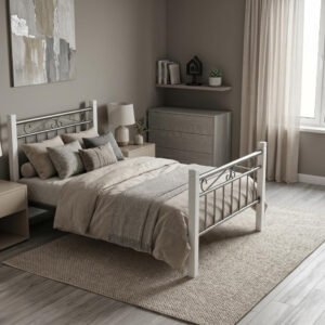 Karnak Nedrah Wooden Steel Bed 90x190cm | Modern Heavy Duty Single Size Bed Frame for Home, Apartment, Student Hostel Bedroom Furniture (Silver White)