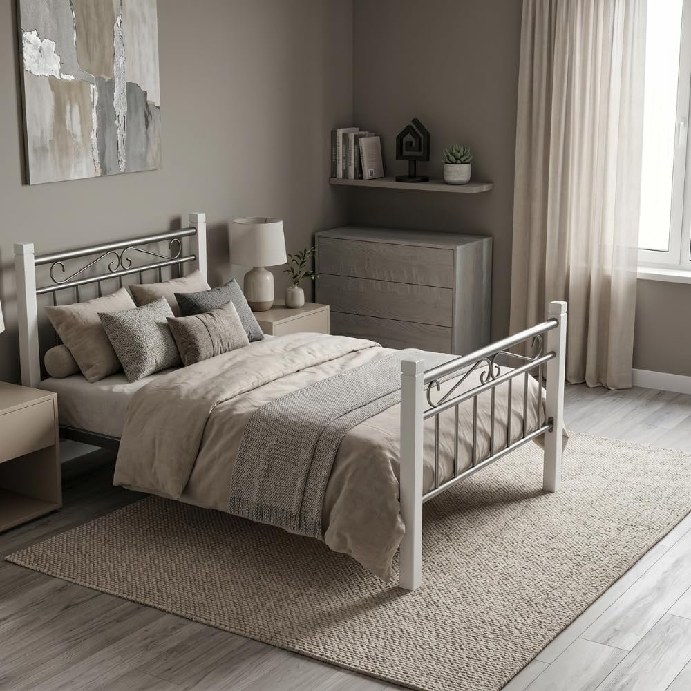 Karnak Nedrah Wooden Steel Bed 90x190cm | Modern Heavy Duty Single Size Bed Frame for Home, Apartment, Student Hostel Bedroom Furniture (Silver White)