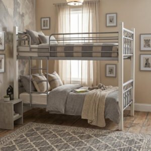 Karnak Labelle Wooden Steel Bunk Bed Double Decker, Heavy Duty Metal Frame with Guard Rails, Space Saving Bed for Home Apartment & Kids Room (Silver White)