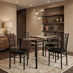 Karnak Sorrell Marble Dining Table Set 4 Seater | Metal Frame Dining Set with Marble Look Top, Modern Kitchen Table & Dining Room Furniture (Black)